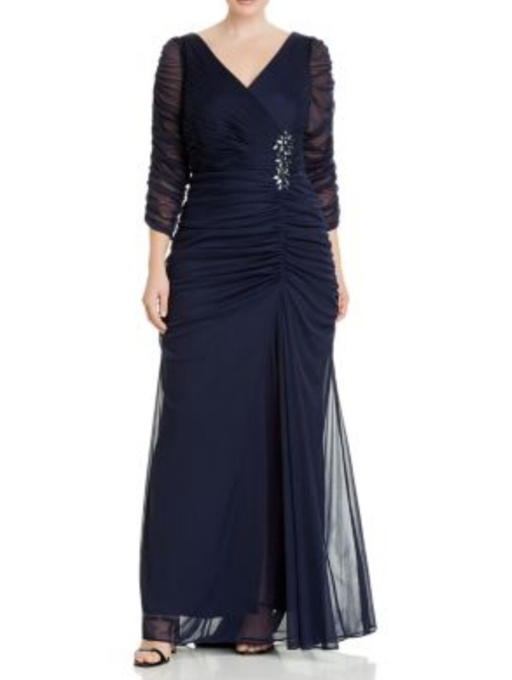 Adrianna Papell Elegant Navy Ruched Evening Dress Long Gown Womens Size 16